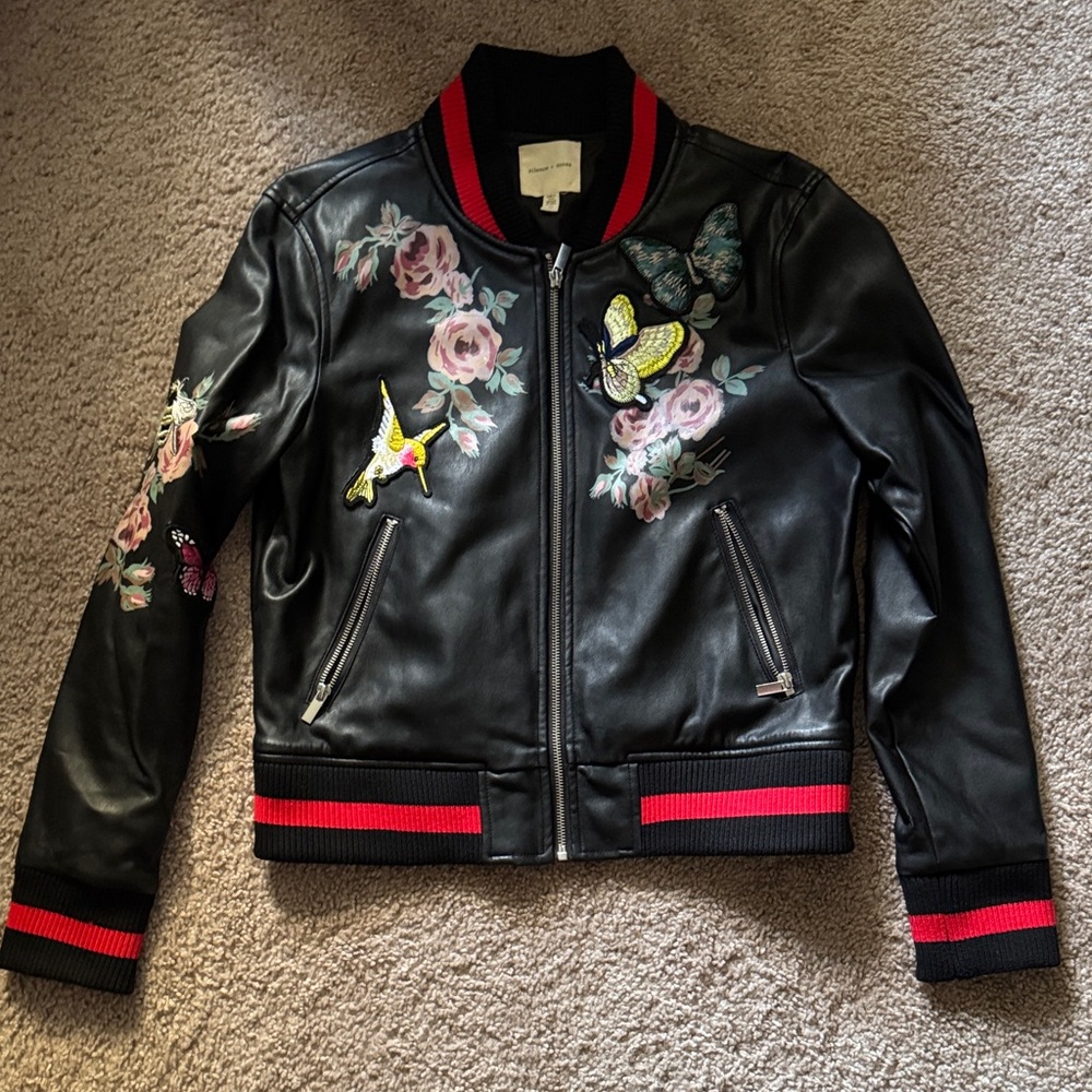 Silence + Noise Black Bomber Jacket with Floral and Butterfly Embroidery